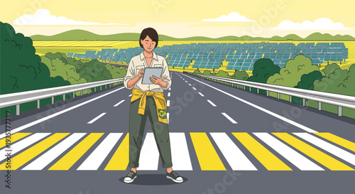 Young woman standing on a crosswalk holding a tablet.