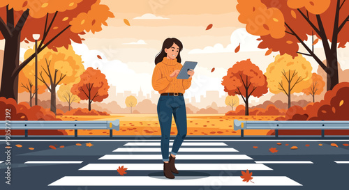 Young woman holding tablet walking on crosswalk.