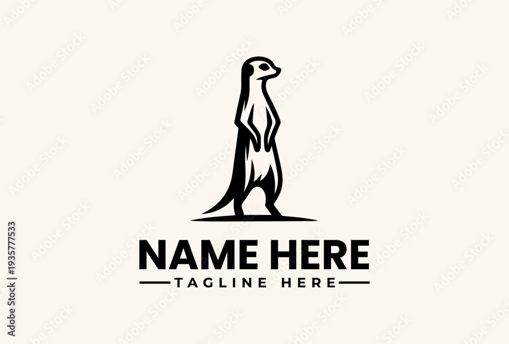 Fototapeta premium A black vector illustration of a penguin standing upright with a placeholder text 'NAME HERE' and 'TAGLINE HERE' below, against a beige background.