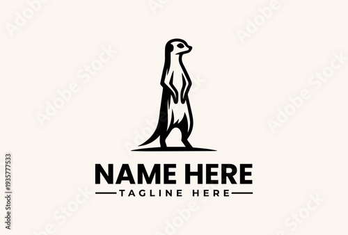 A black vector illustration of a penguin standing upright with a placeholder text 'NAME HERE' and 'TAGLINE HERE' below, against a beige background.
