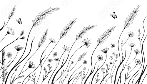 Gemini said

A seamless vector illustration of green summer grass and cereal grain plants swaying in the wind, featuring nature patterns on white, black, and sky backgrounds with floral design element