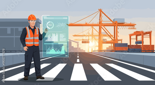 Construction worker using futuristic holographic interface technology.