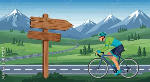 Cyclist riding a bicycle on a road with mountains in background.