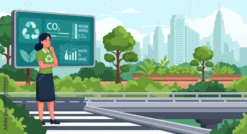 Woman analyzing environmental data on a digital screen.