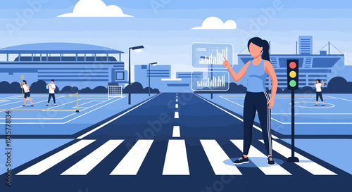 Woman crossing street with futuristic interface.