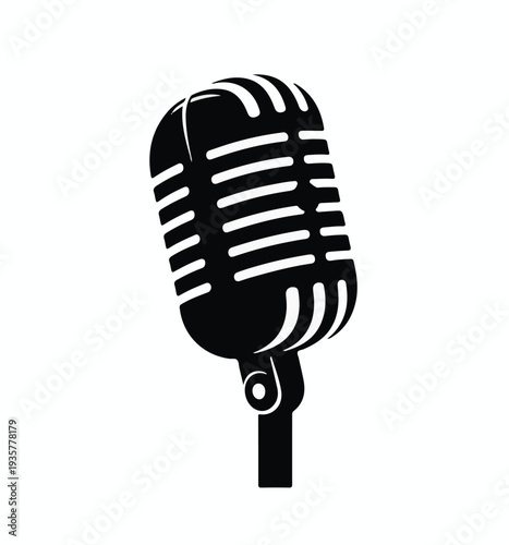 Black Silhouette Of Vintage Microphone On White Background Keywords: microphone, vintage, retro, audio, sound, music