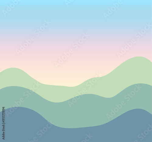 Serene Mountainscape: A tranquil vista unfolds with rolling hills painted in soft shades of blue and green, harmonizing with a gentle pastel sky