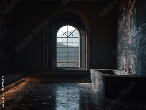 Dark room with arched window. Sunlight streams through glass panes. Stone walls reflect soft glow. Large stone tub sits in shadow. Floor reflects light and texture