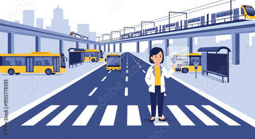 Woman standing on a crosswalk in a city.