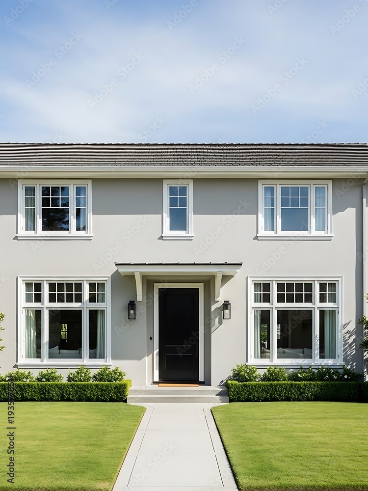 Fototapeta premium Elegant facade showcasing modern architecture against a serene sky backdrop