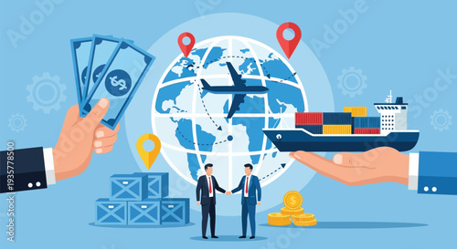 Global business trade and logistics success with international shipping plane and cargo ship investment and payment from hand and businessmen shaking hands symbolizing partnership and agreement