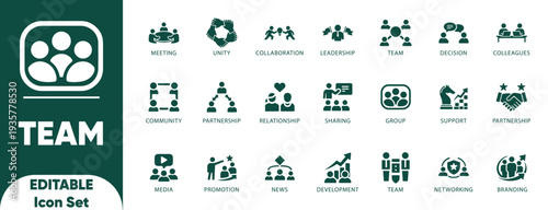 team Solid icons set. group work, office culture, collaboration, leadership, community, success, partnership, and vector.
