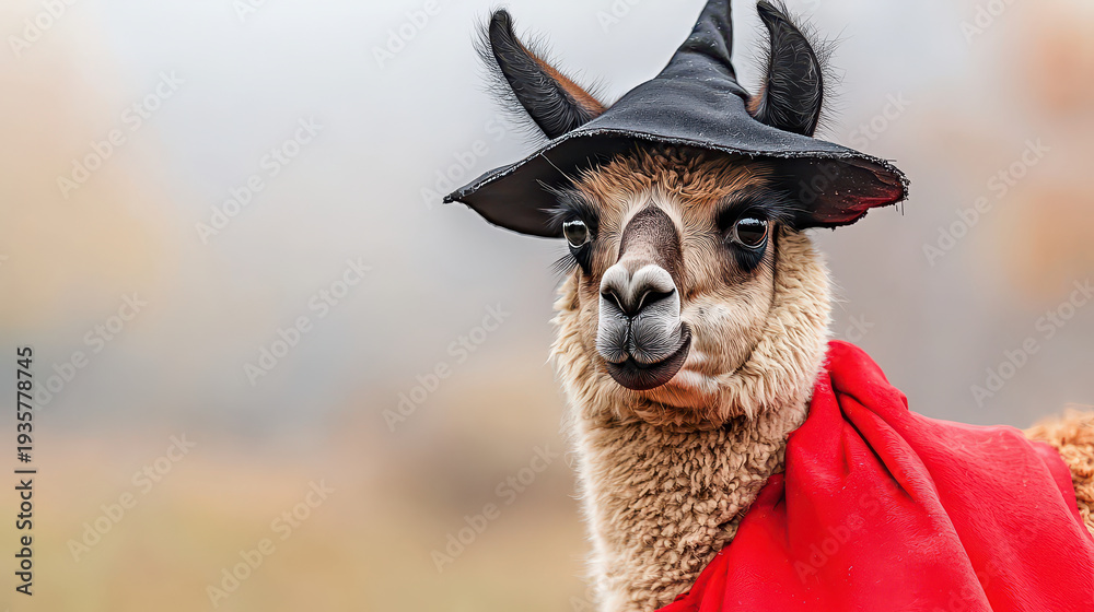 Fototapeta premium Charming alpaca in witch costume with black hat and red cape, exuding whimsical and playful vibe