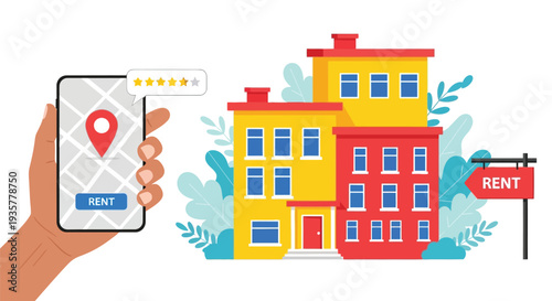 Real estate rental apartment search app on phone with rating and location pin next to colorful residential buildings and rent sign illustrating housing market and property booking service