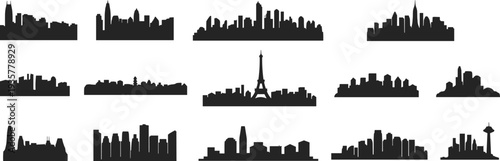 Modern city skyline silhouettes collection, iconic urban skylines and panoramic cityscape silhouettes, versatile metropolitan skyline vector set for branding and design