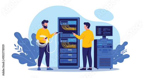 Server room data center with technicians installing network cables into rack cabinets and computer equipment computer screen showing code demonstrating IT infrastructure support and technology system 