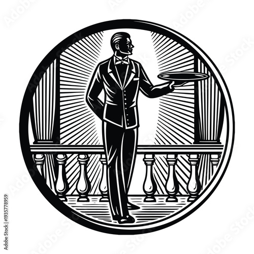 A sleek waiter silhouette stands poised, tray in hand, capturing the elegance and professionalism of service in a simple, stylish outline.
