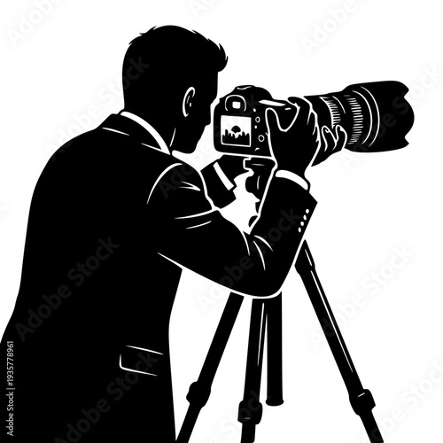 Professional Photographer Silhouette – Male Journalist with DSLR Camera and Telephoto Lens on Tripod Illustration