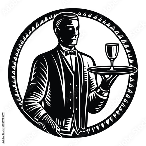 A sleek waiter silhouette stands poised, tray in hand, capturing the elegance and professionalism of service in a simple, stylish outline.
