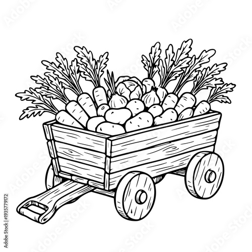 Garden Harvest Wooden Cart Sketch – Fresh Organic Vegetables and Rustic Farm Wagon Line Art Illustration
