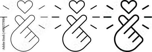 Set of three line art icons depicting the popular Korean finger heart gesture with a small heart above, showing different line weights.