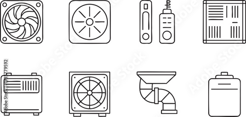 Computer Cooling Fans and Components Line Art Icons