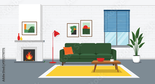 Modern cozy living room interior with green sofa fireplace coffee table plants window and wall art flat vector illustration