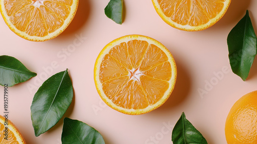 Fresh oranges sliced open, showcasing vibrant orange flesh surrounded by green leaves, creating lively and refreshing composition