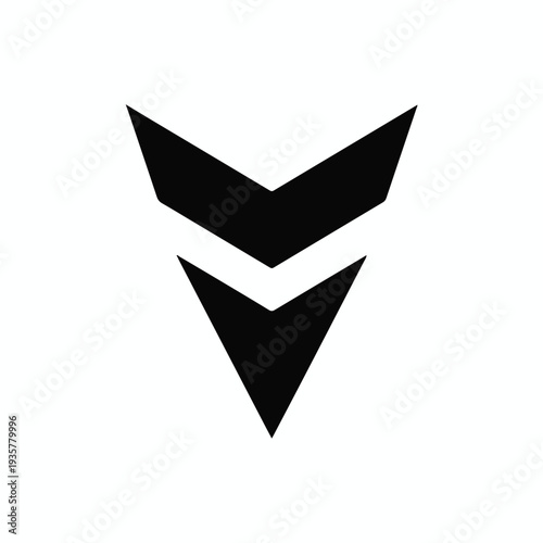 Black downward pointing abstract geometric arrow symbol on white background direction