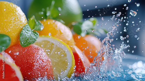 Juicy citrus fruits splashing in water create refreshing scene filled with vibrant colors and lively energy