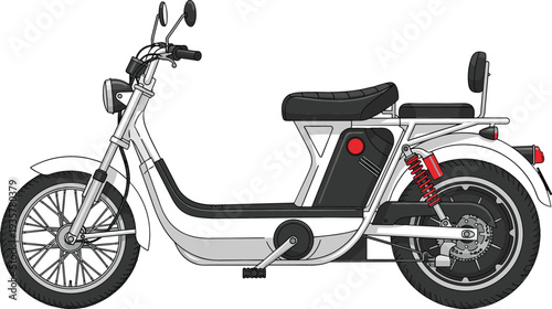 Modern electric moped scooter vector illustration featuring white frame red suspension springs and black seat for urban transportation