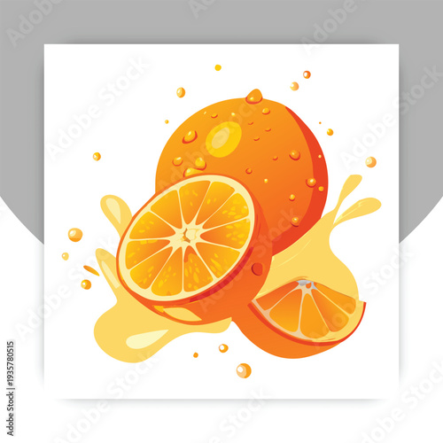 Fresh Orange Fruit Splash Vector Illustration with Slice and Juice Burst on White Background,