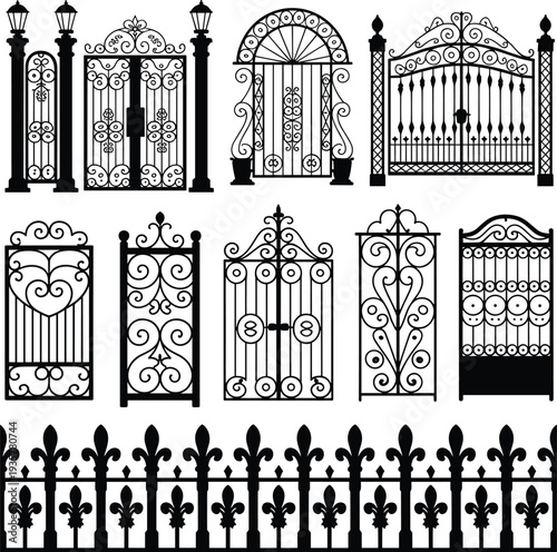 Ornamental wrought iron gates and fence silhouettes set, vintage decorative metal entrance, classic forged garden gate vector collection