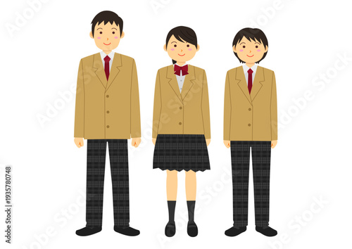 ブレザーの制服を着た男女の学生のイラストのセット_ベージュ