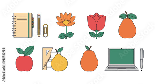 Colorful illustration of office supplies and fruits
