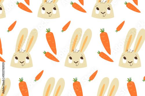 Cute seamless pattern with bunny faces and carrots. Playful Easter background for kids design, nursery decor, textile, wrapping paper, and spring holiday prints