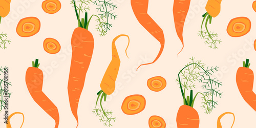 Seamless pattern with carrots, leaves and slices in flat style. Fresh vegetable background for food design, kitchen decor, textile, packaging and organic farming themes