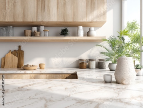 Minimalist kitchen with warm wooden cabinets. Marble countertop gleams under soft natural light. Potted plant adds vibrant green to serene space. Ceramic jars and vessels sit neatly on open shelf