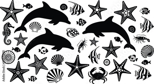 Dolphin and marine life silhouette collection with starfish, seashells, tropical fish and ocean animals isolated on white background vector set