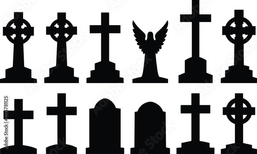 Gravestone silhouettes illustration, cemetery memorial icons, cross headstone artwork, angel statue design, funeral symbol collection, religious grave markers, cultural memorial patterns