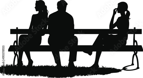 People sitting on park bench silhouette, outdoor conversation relaxation social interaction friendship meeting, lifestyle leisure moment concept illustration