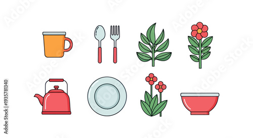 Colorful kitchenware and nature elements