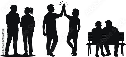 People silhouettes social interaction set with friends talking, high five gesture and couple sitting on bench, black vector illustration collection
