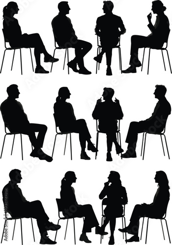 Group discussion silhouettes, seated people in circle, team meeting illustration, therapy session concept, social interaction artwork, communication design