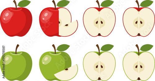 Apple Icon Set Featuring Whole Apples, Apple Halves and Apple Slices in Red and Green for Fresh Fruit Design and Healthy Food Illustration