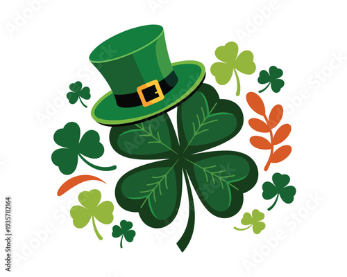 Green leprechaun hat rests upon a large four-leaf clover surrounded by shamrocks.