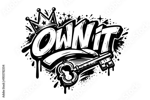 Bold graffiti lettering "Own It" with crown and key icons