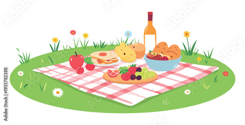 Summer picnic on green grass with blanket, fruit, bread and wine. Flat cartoon illustration of outdoor food scene with flowers and sunshine for banner, poster and print design.