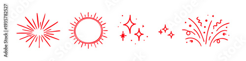 Collection of hand-drawn red festive elements including starbursts, sun, sparkles, and confetti doodles on a white background.