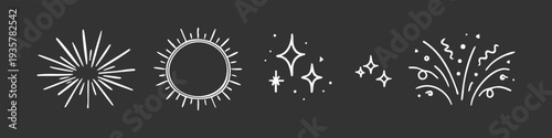 Hand-drawn white sparkles, starbursts, and sun icons on a dark background. Minimalist doodle collection for festive designs and celebration themes.